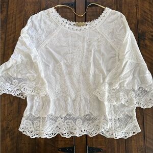 Democracy White Flutter Sleeve Blouse with Ruffled Embellishments